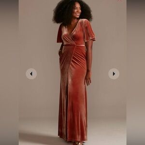 David’s Bridal stretch velvet flutter sleeve maxi dress in cinnamon